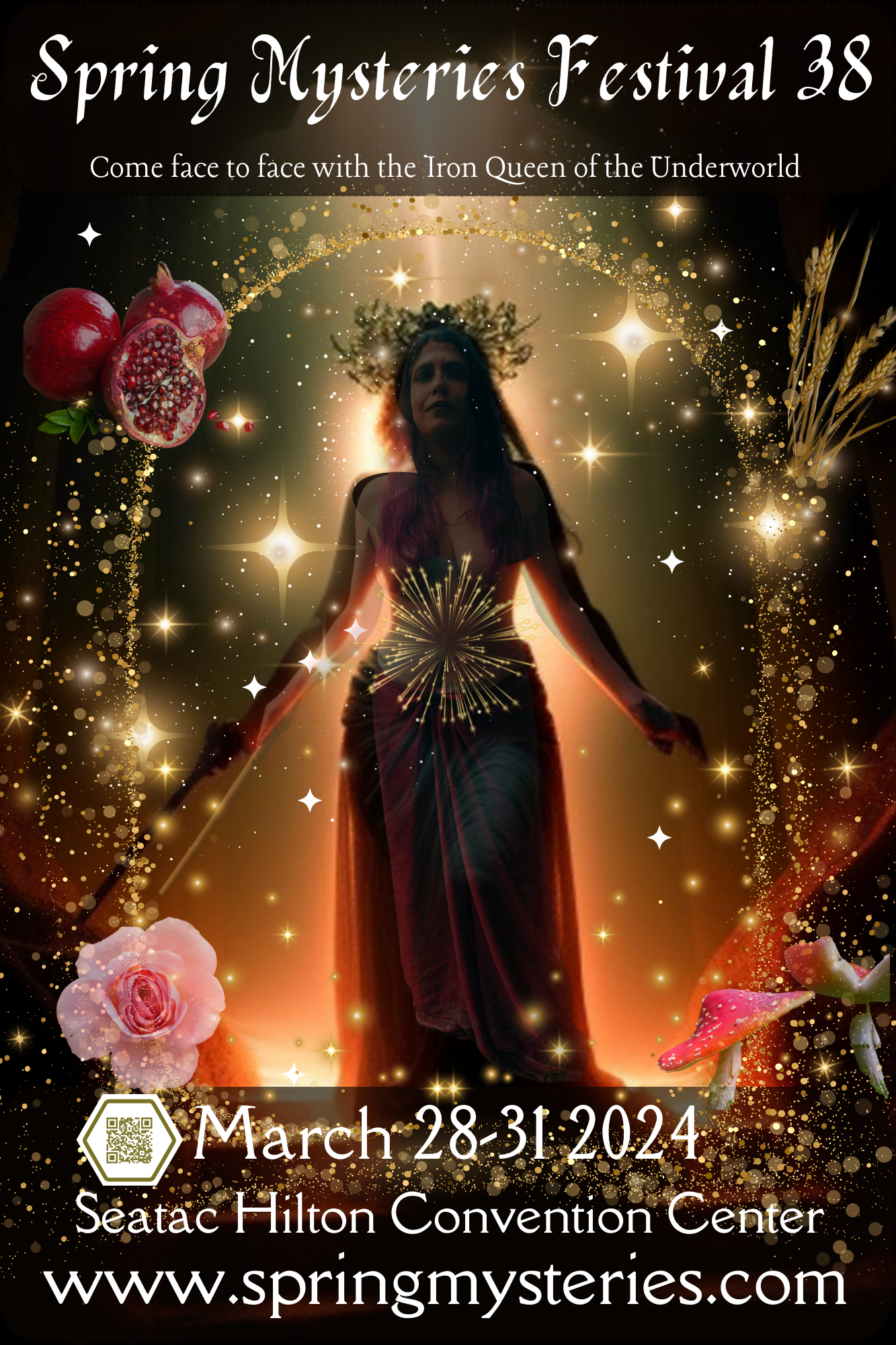 A poster for the spring mysteries festival, a woman surrounded by sparkles.