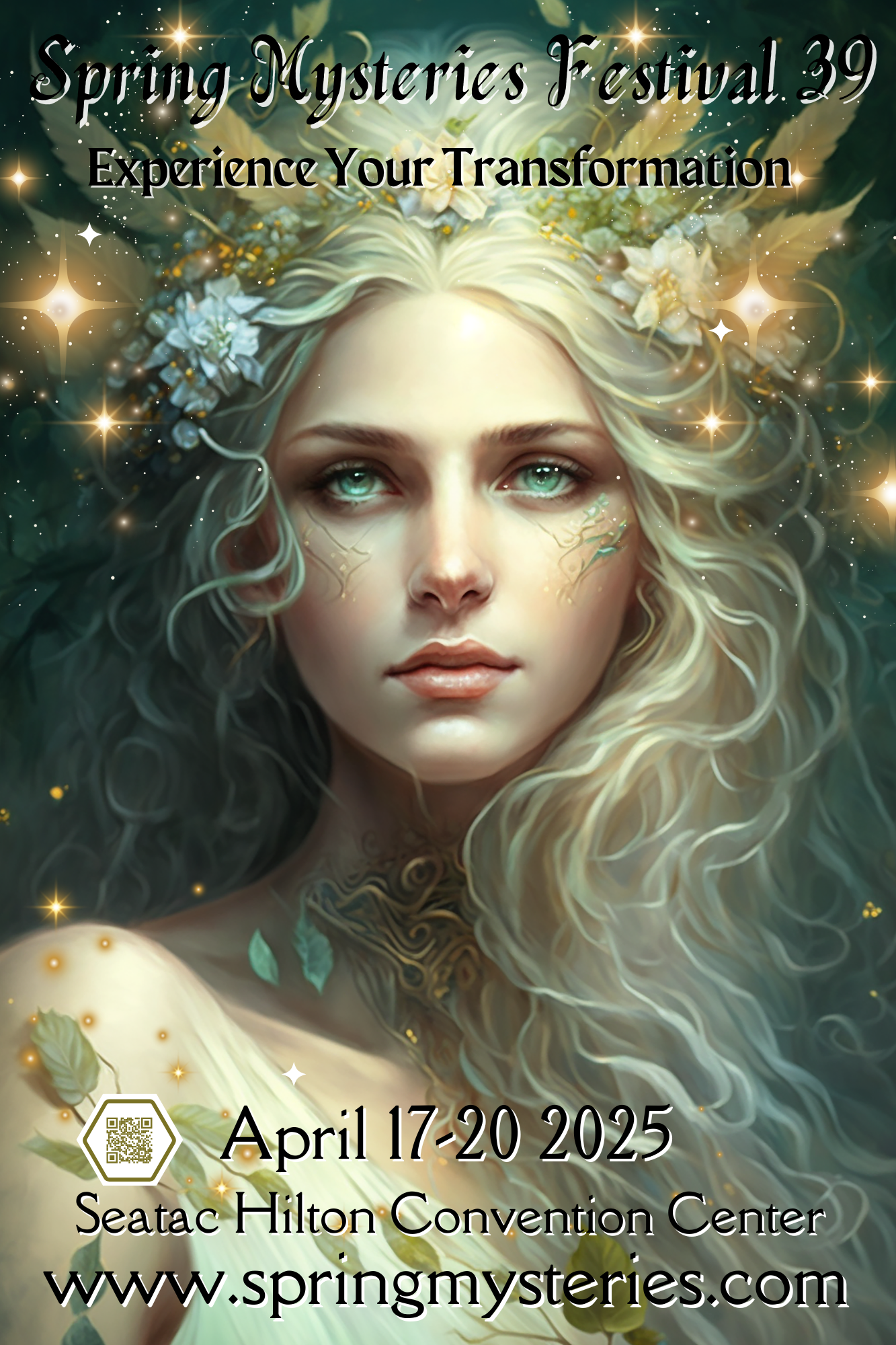 A poster for the Spring Mysteries shows a hand reaching for a flower.