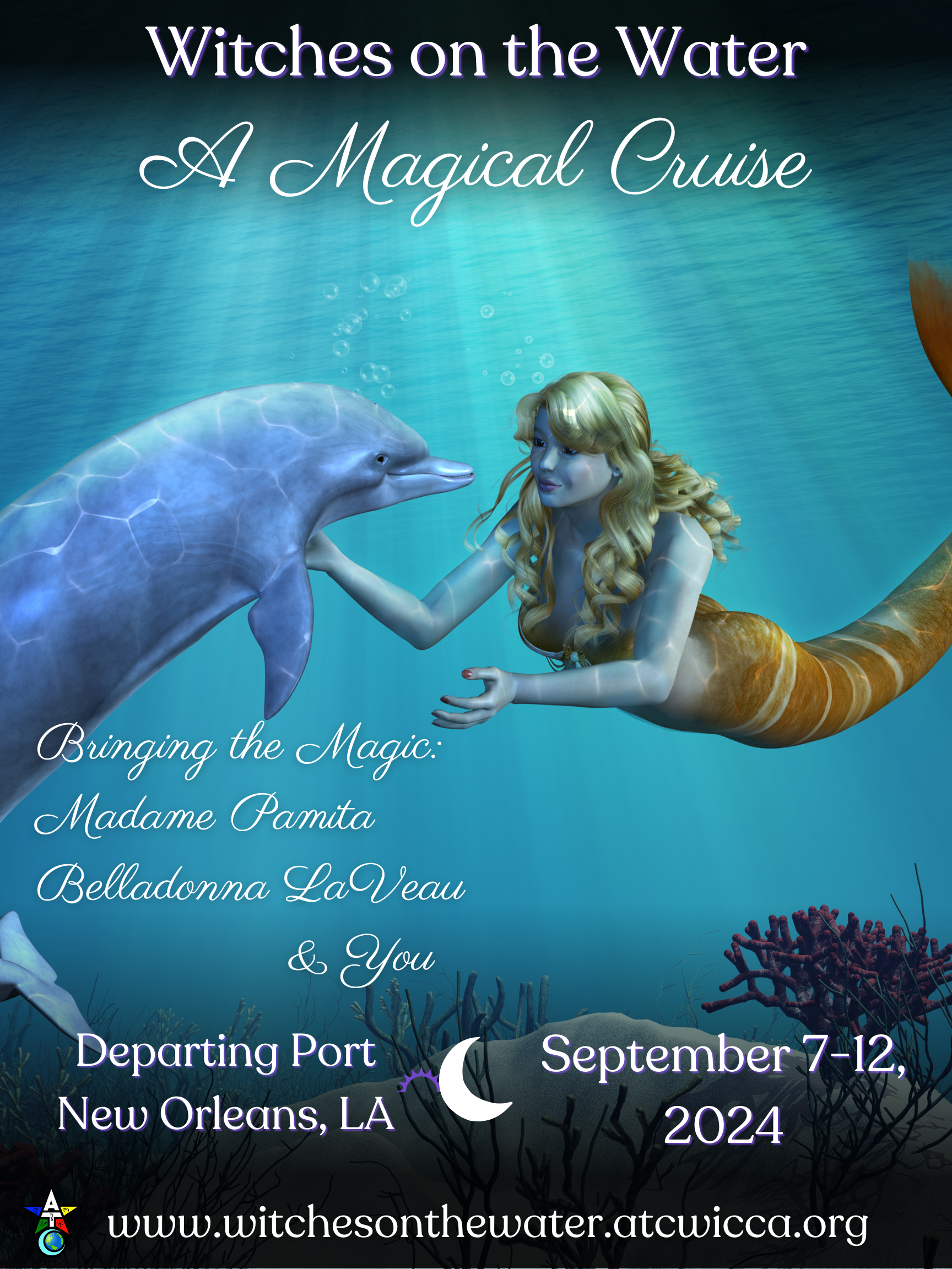 A poster for witches on the water a magical cruise, with a mermaid and a dolphin.