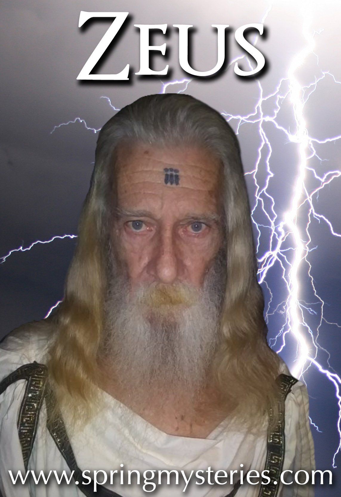 A man with long hair and a beard is dressed as zeus