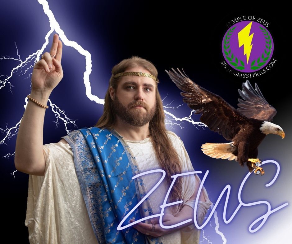 A man dressed as zeus with an eagle and lightning behind him