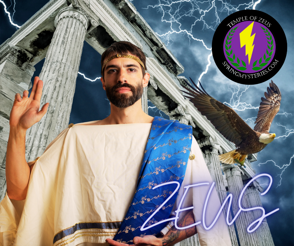 A man in a zeus costume is standing in front of a building
