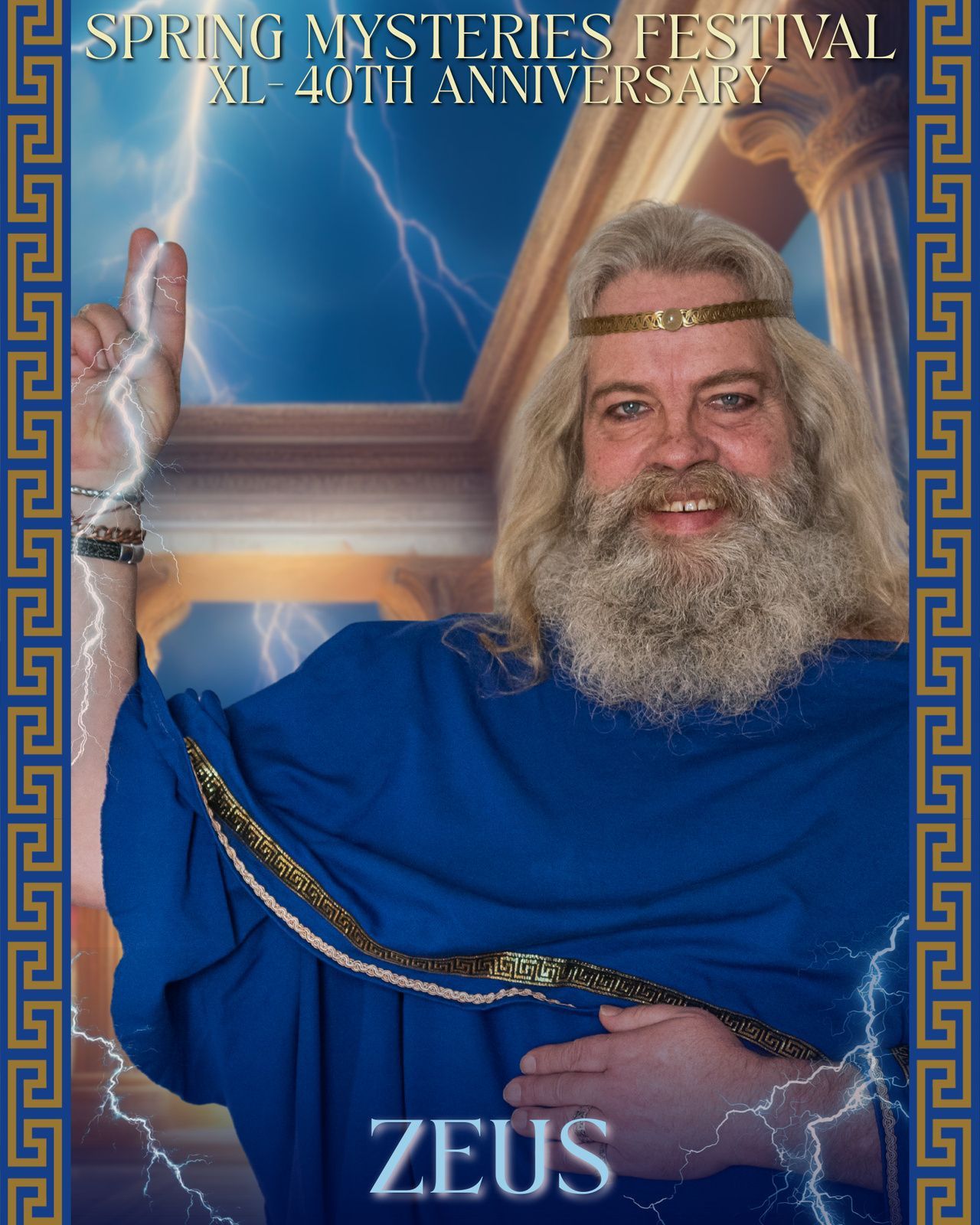 A man in a zeus costume is standing in front of a building