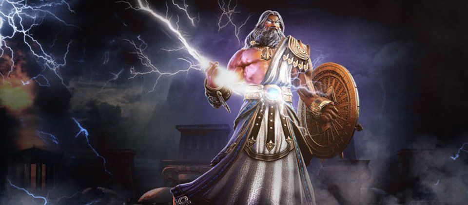 A statue of a bearded man holding a lightning bolt, representing Zeus. 