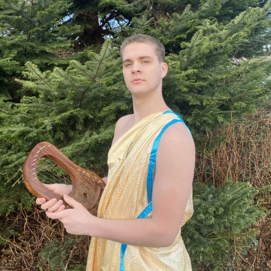 A young man in a toga is holding a harp in front of trees, representing Apollo.