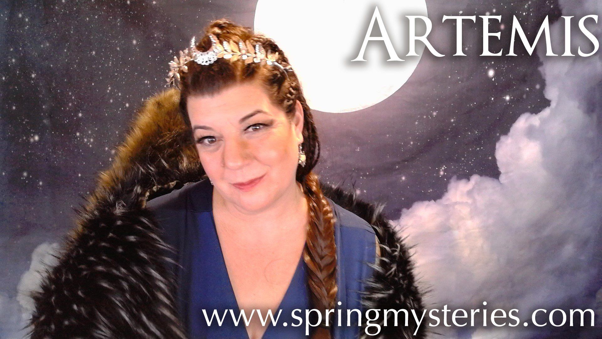 A woman is standing in front of a moon with the website www.springmysteries.com below her,  representing Artemis.