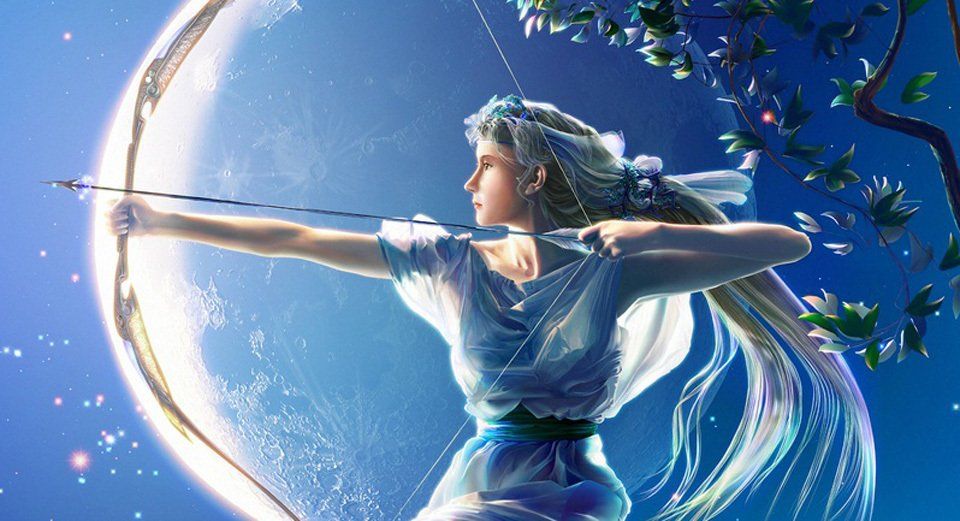 W woman in blue shooting a bow in front of the moon, representing Artemis.