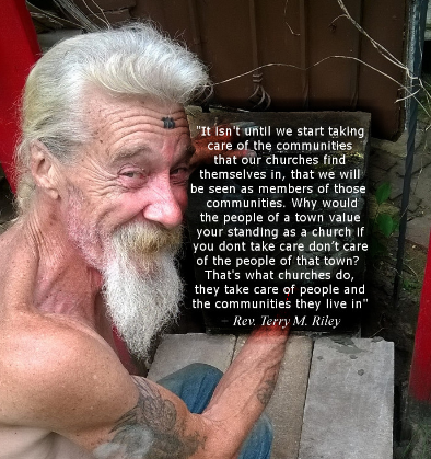 A man with a beard is kneeling down with a quote from Reverend Terry Riley.