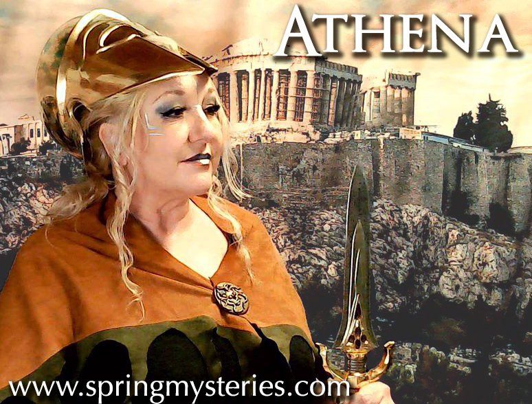 A woman holding a spear and wearing a helmet, representing Athena.