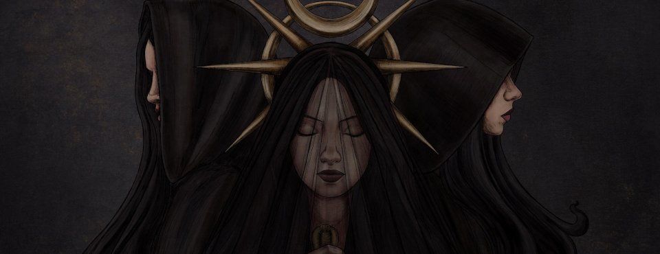 A painting of a woman with three faces on her head, representing Hekate.