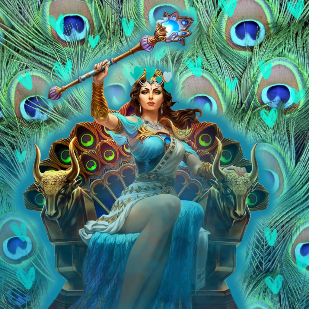 A woman is sitting on a throne surrounded by peacock feathers, representing Hera.
