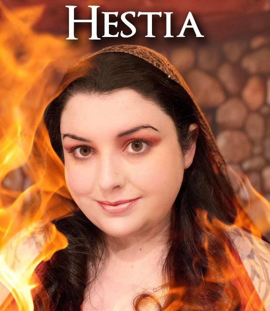 A woman wrapped in flames,  representing Hestia.