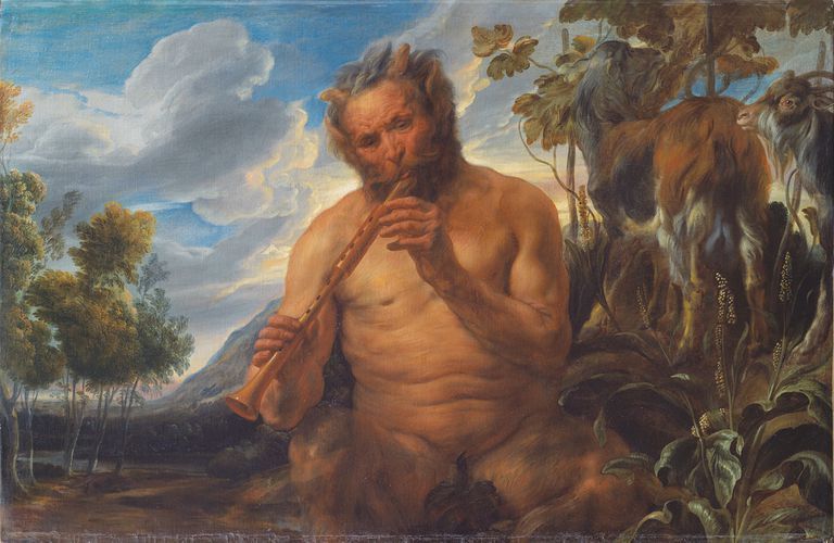 Satyr playing a flute in a forest, representing Pan.