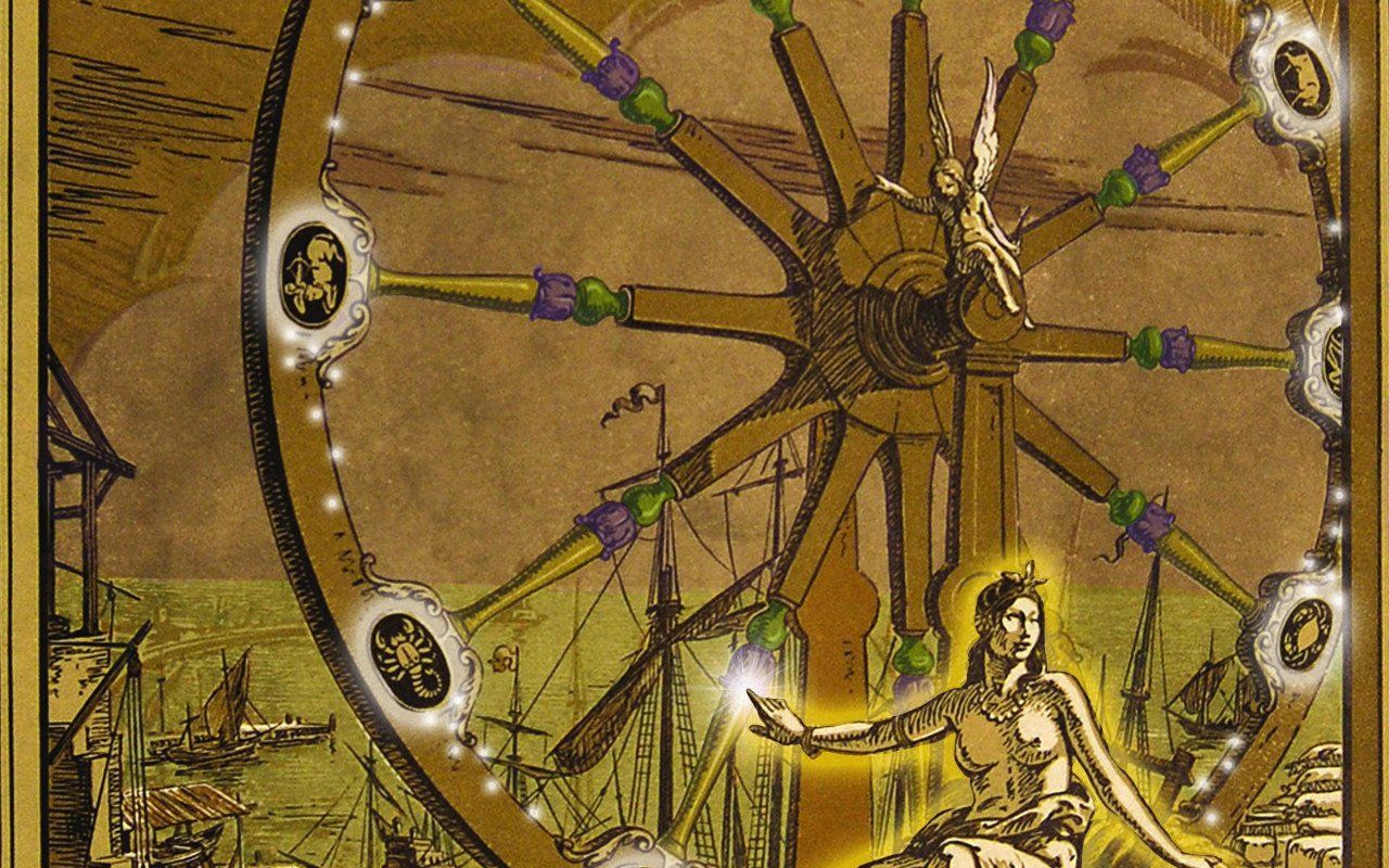A painting of a woman sitting in front of a ferris wheel.