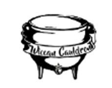 A black and white drawing of a cauldron with a banner around it for the Wiccan Cauldron.