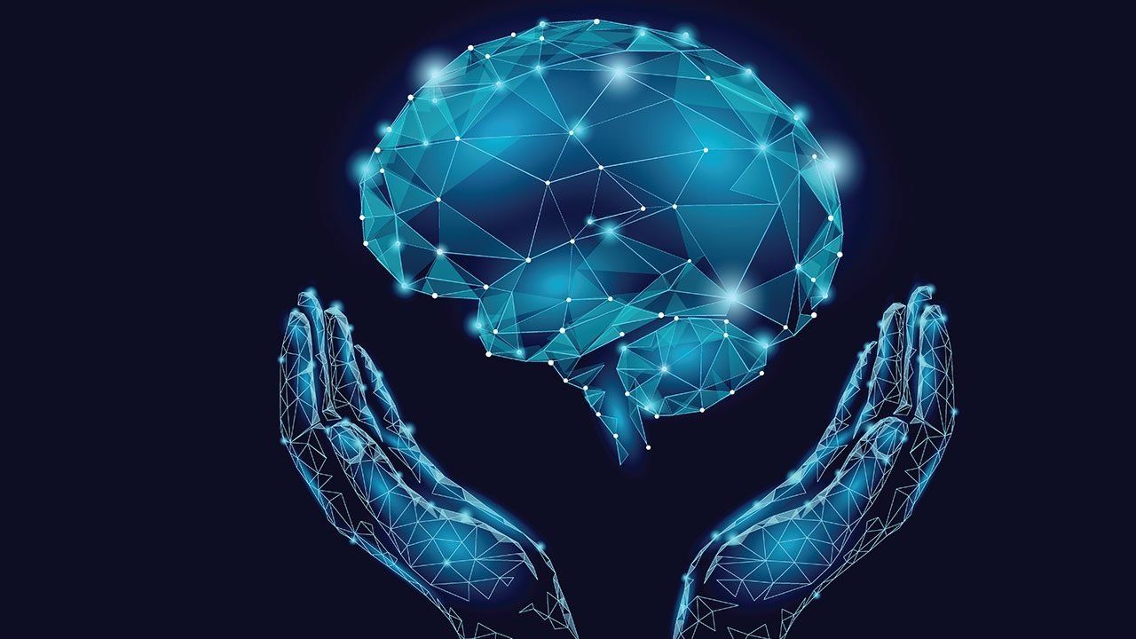 A pair of hands holding a blue brain made of dots and lines.