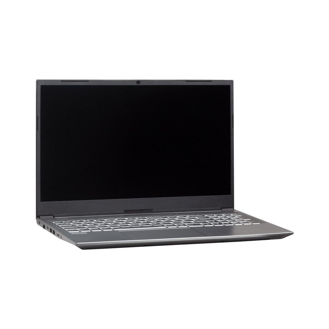 un computer portatile con uno schermo nero su sfondo bianco.