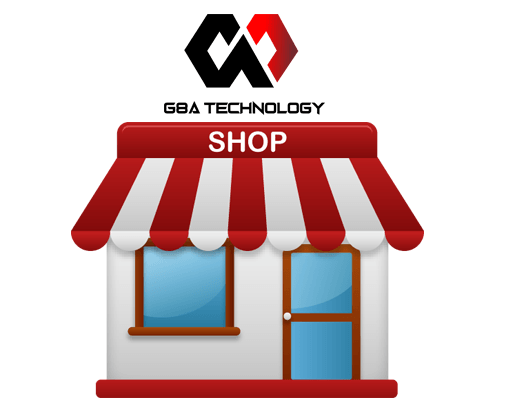 un negozio con una tenda rossa e un logo per la tecnologia GBA