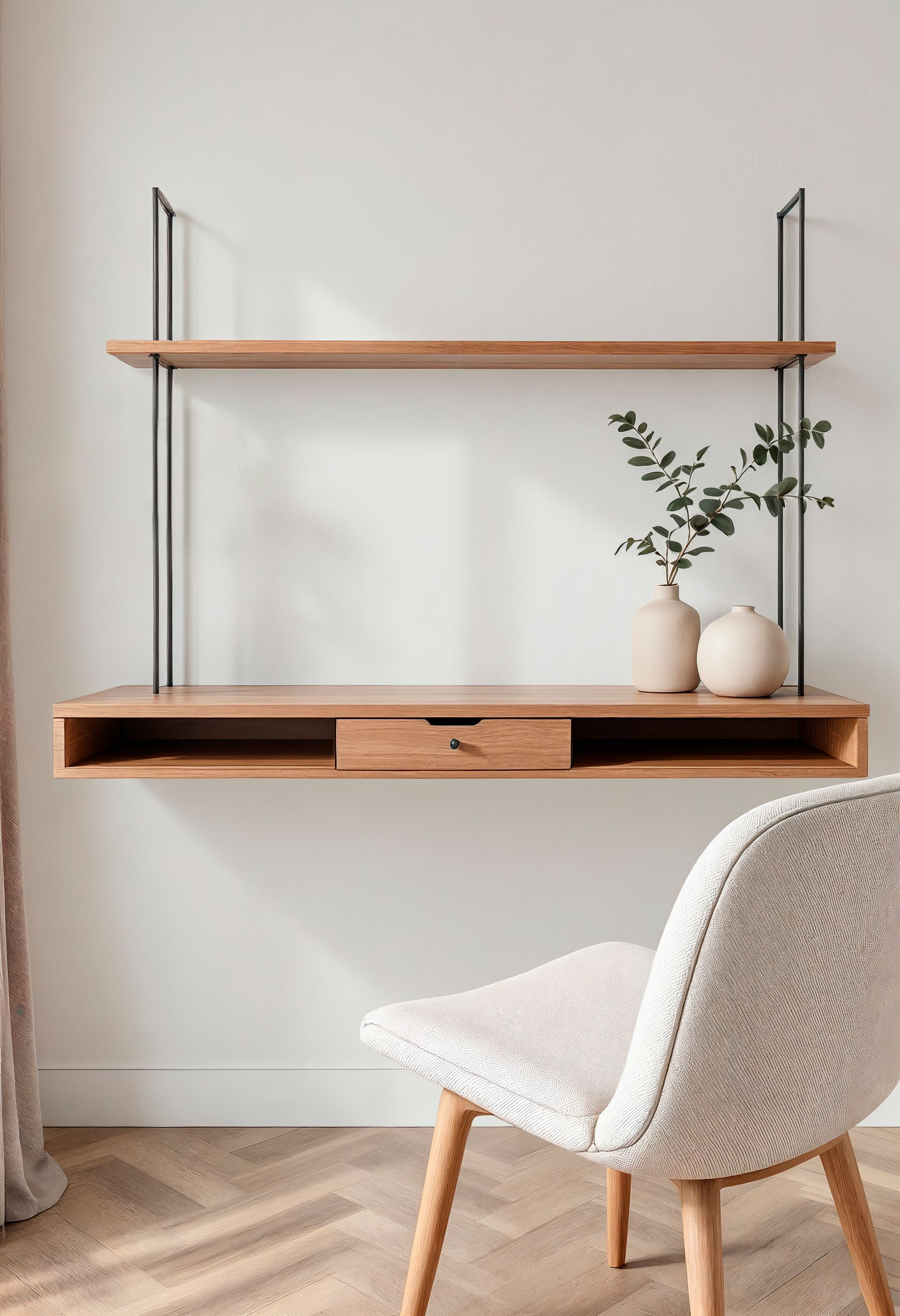 Escritorio flotante de madera y estante con soportes de metal, cajón y silla contra una pared blanca.