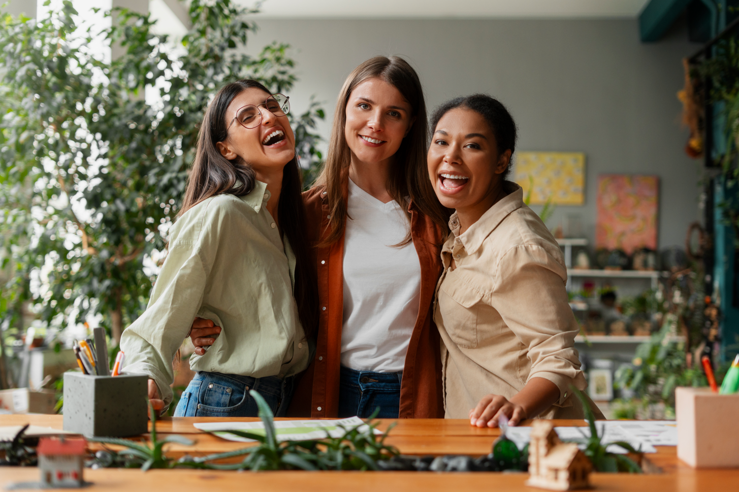 Una mujer dirige una reunión, señalando una pizarra, con otras mujeres sentadas alrededor de una mesa de conferencias.