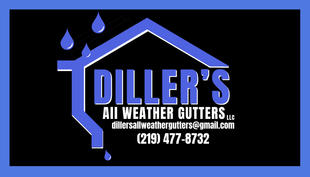 A blue and black logo for diller 's all weather gutters