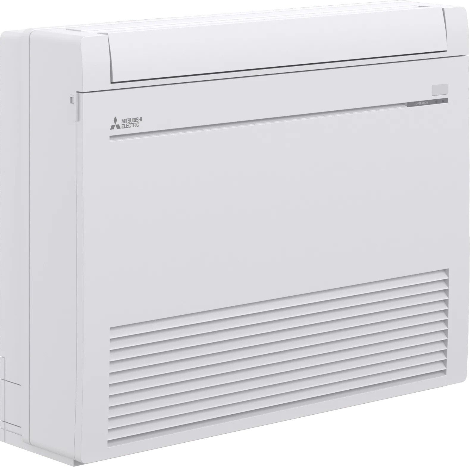 White Mitsubishi floor-mounted air conditioner with horizontal vents and logo on front.