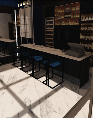 A computer generated image of a restaurant with tables and stools