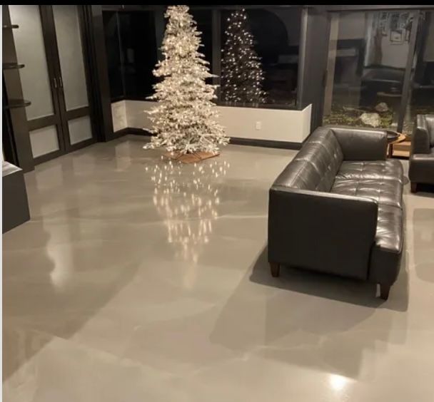 A living room with a couch and a christmas tree