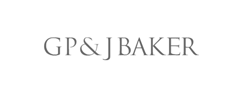 The logo for gp & j baker is on a white background.