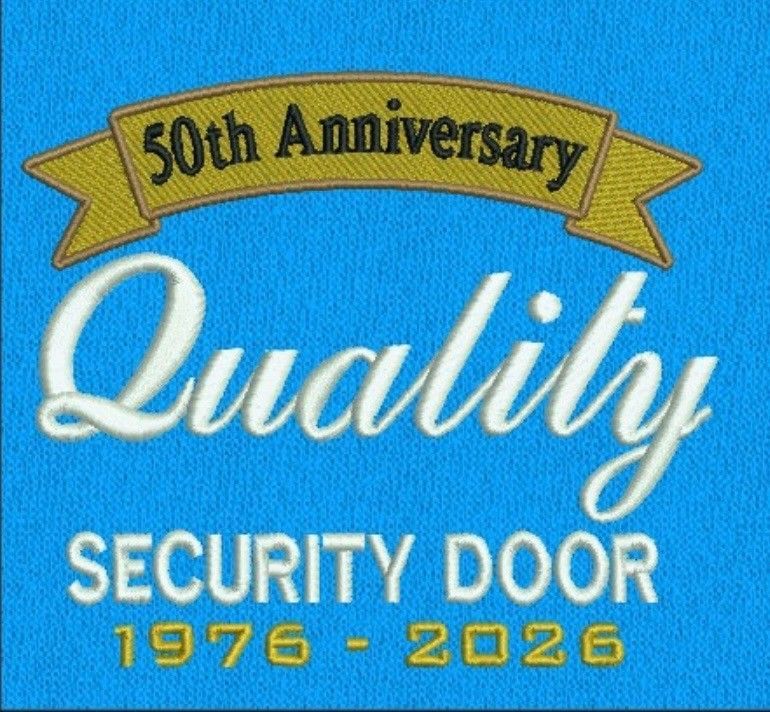 50th Anniversary Quality Security Door logo on blue background, reading 1976–2026