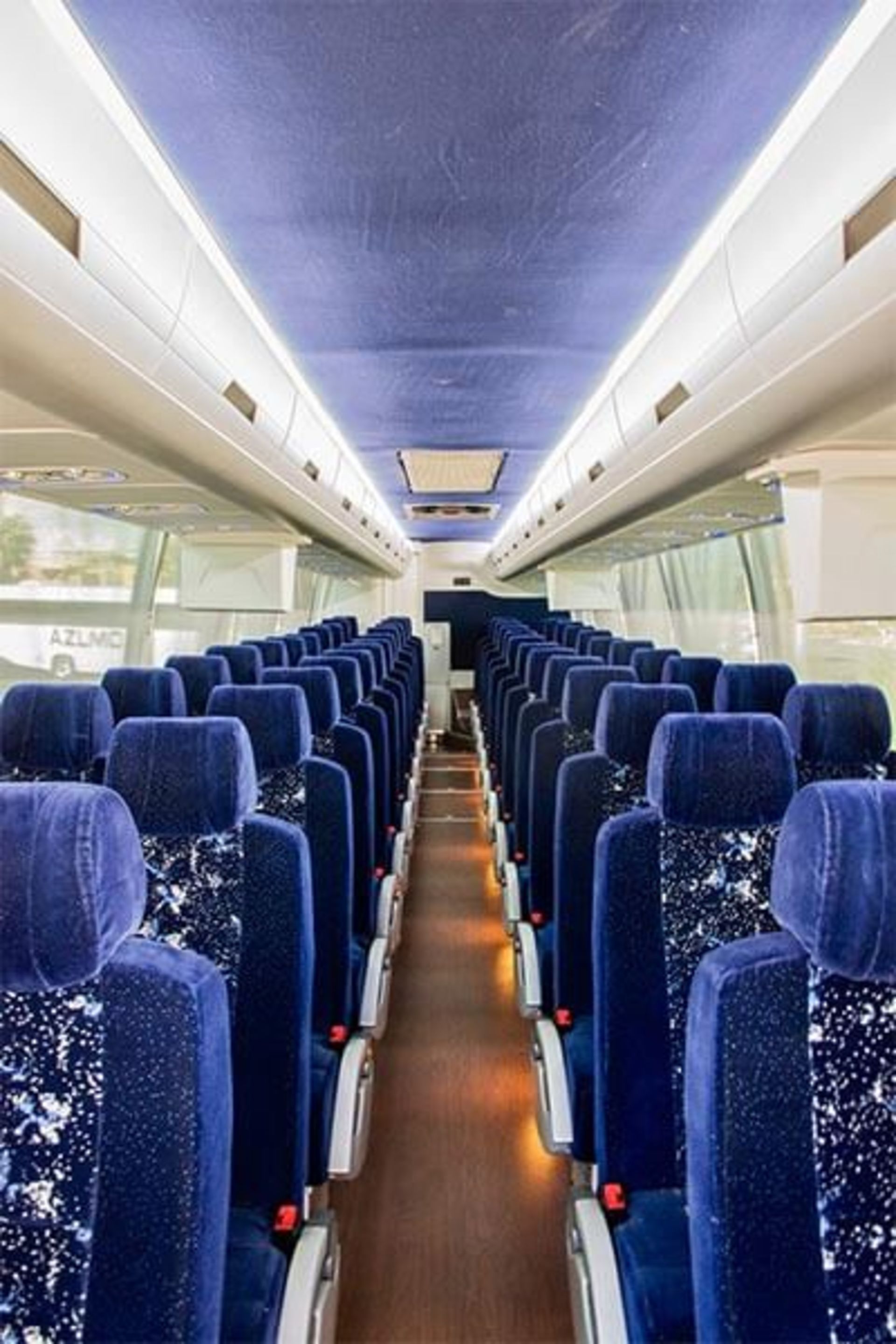 Interior of a blue and white passenger bus with rows of seats. The ceiling is dark blue with lights.
