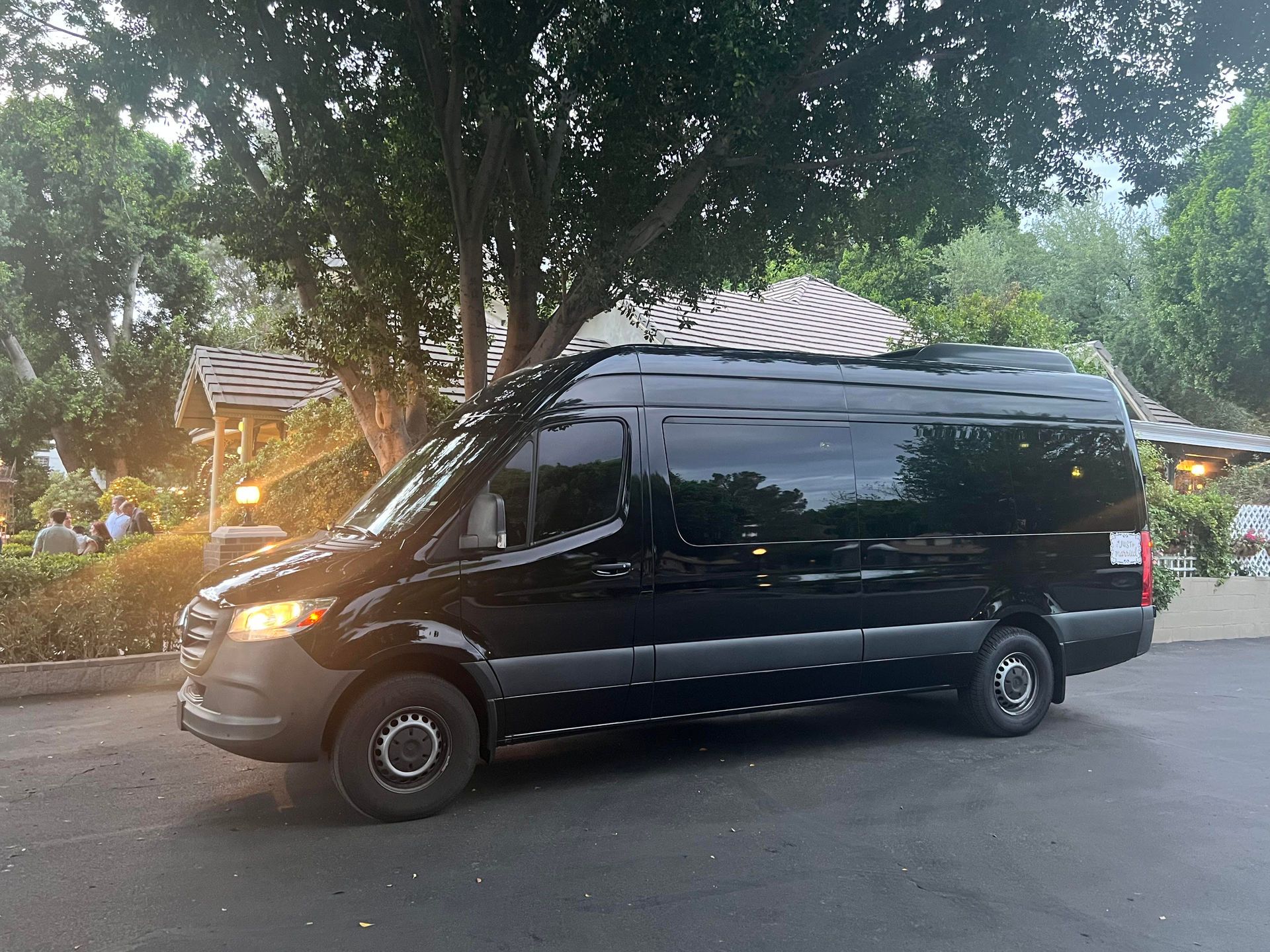 Black passenger van parked outside a restaurant with trees and foliage, possibly for a private event.