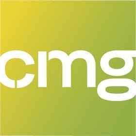 The cmg logo is white on a green and yellow background.