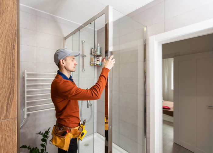 A technician wearing a tool belt installs a glass shower enclosure in a bathroom with tiled walls.