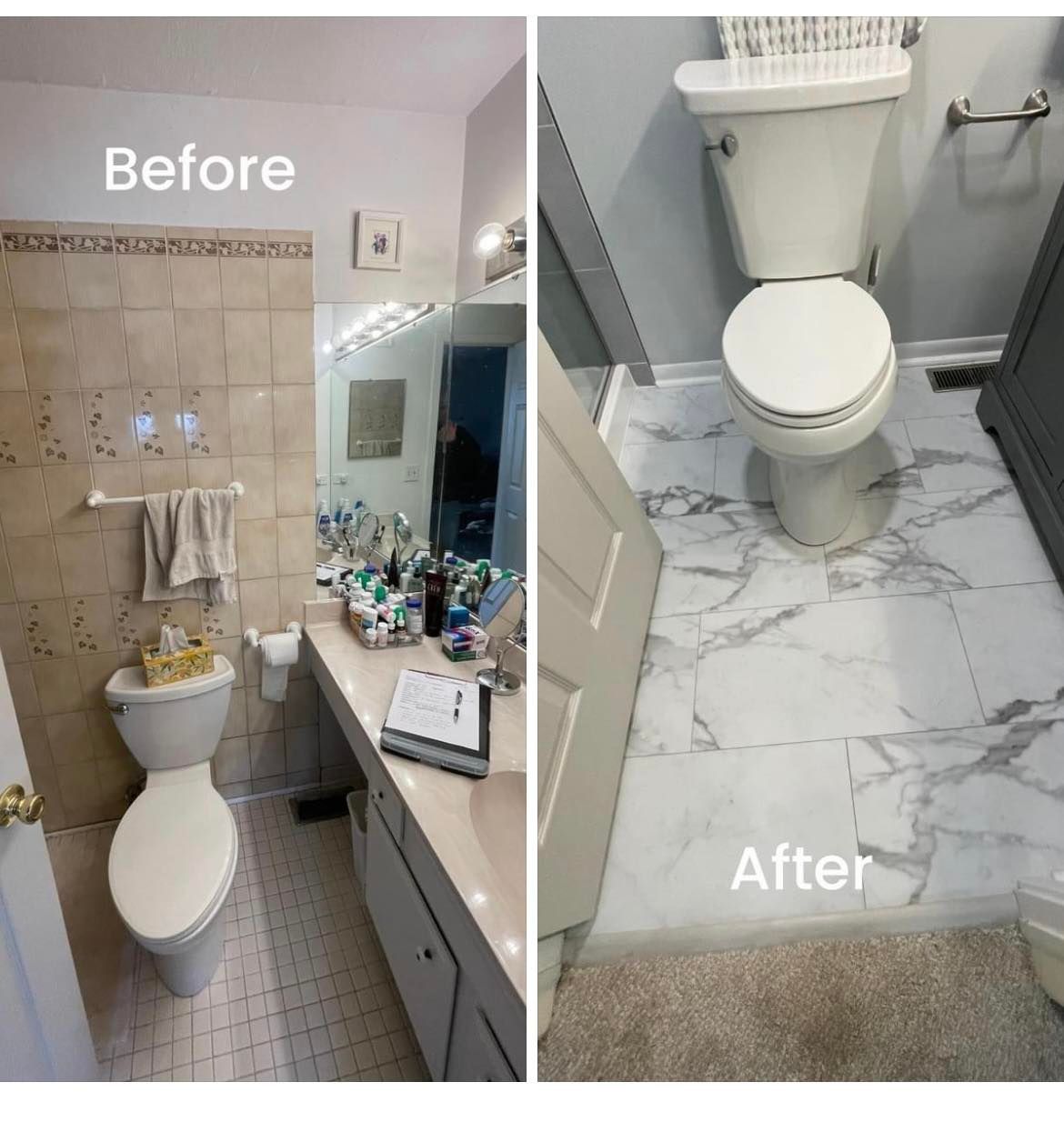 A before and after photo of a bathroom with marble floors