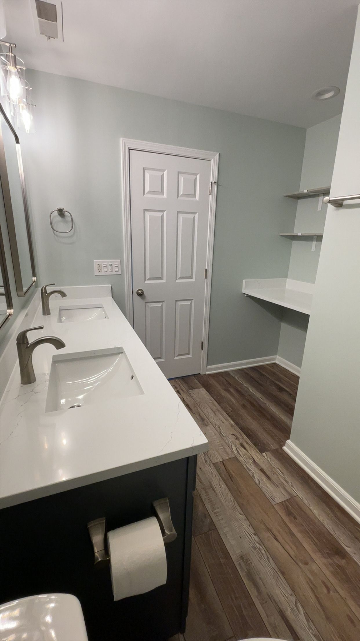 Bathroom with a double sink vanity, a door, and built-in shelves. Blue-green walls, white countertops, and wood-look flooring.