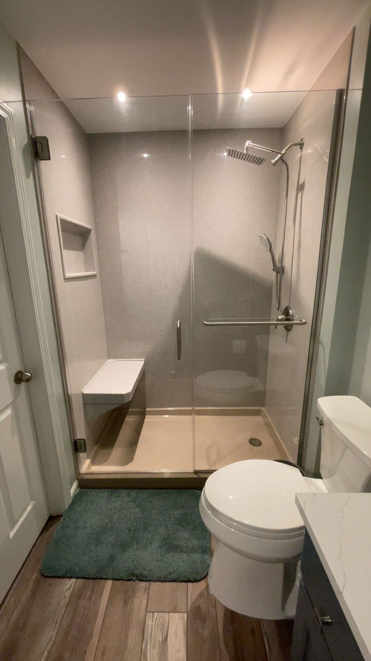 Modern bathroom with glass-enclosed shower, built-in bench, toilet, and blue-green rug on wood-look flooring.