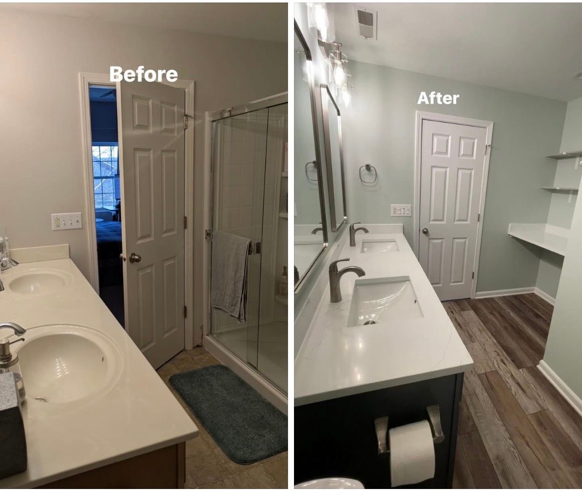 Bathroom remodel before and after. Light gray before, light green walls with dark gray vanity and wood-look flooring after.