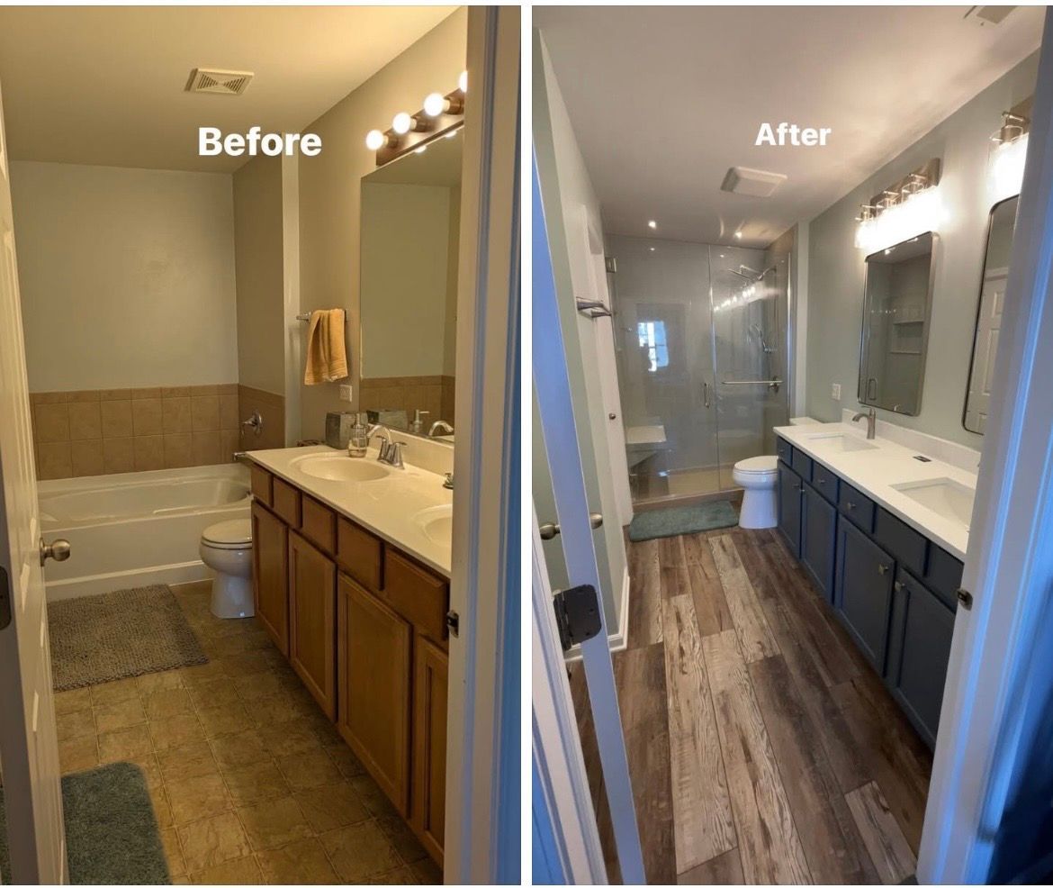 Bathroom remodel: Before and after. New wood-look flooring, blue cabinets, glass shower, light gray walls.