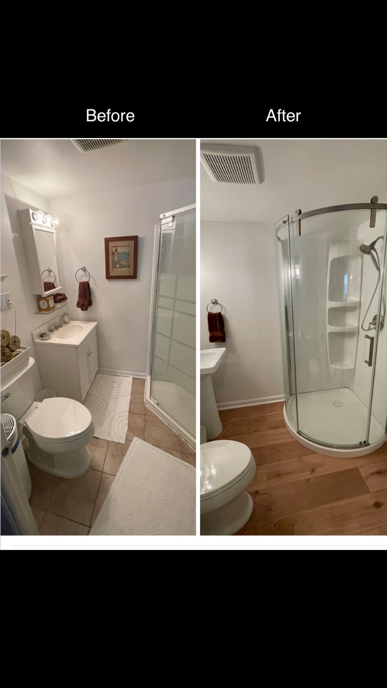 A before and after picture of a bathroom with a toilet , sink and shower - Oswego, IL - New Bath LLC