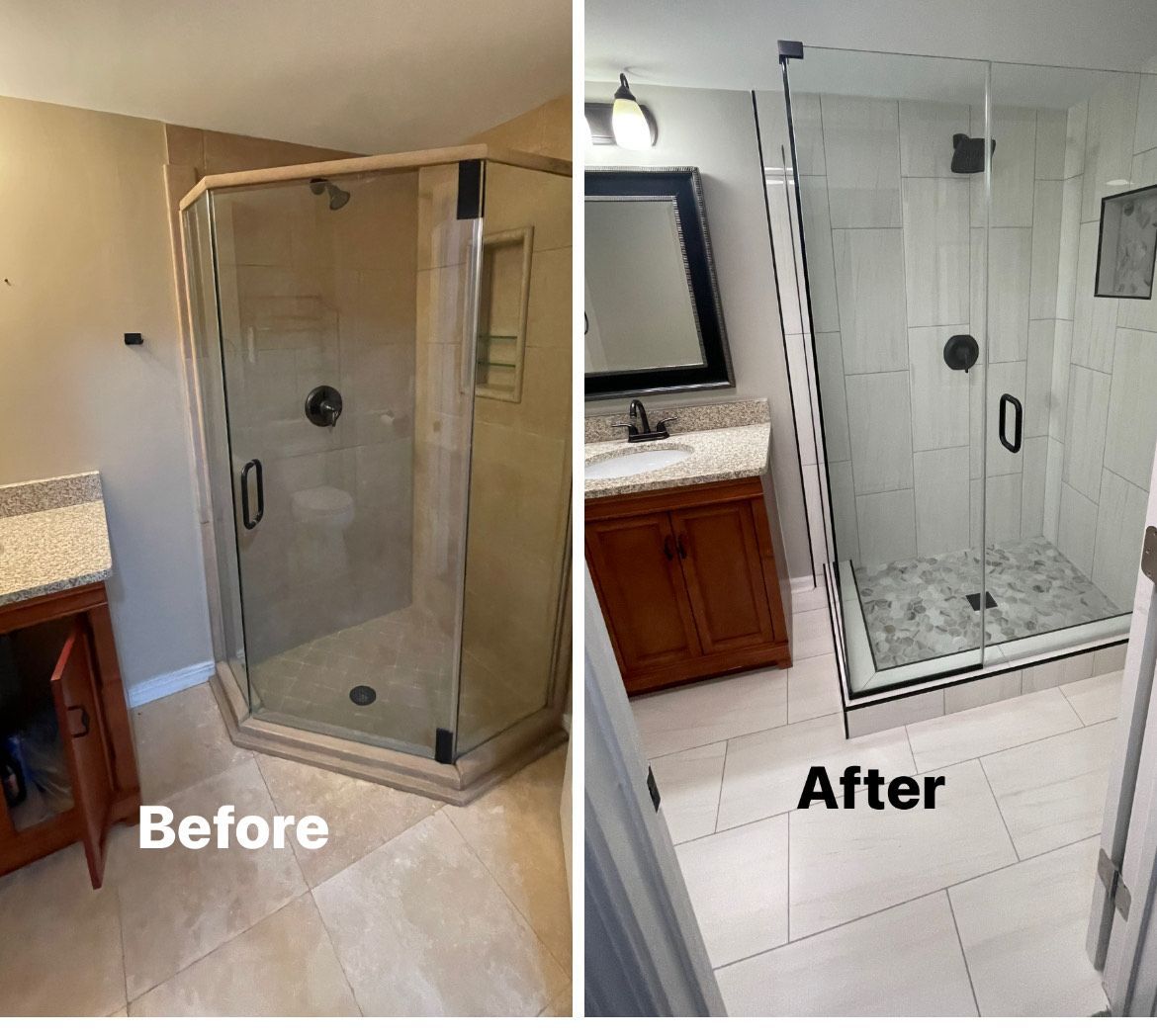 A before and after picture of a bathroom with a shower and a sink.