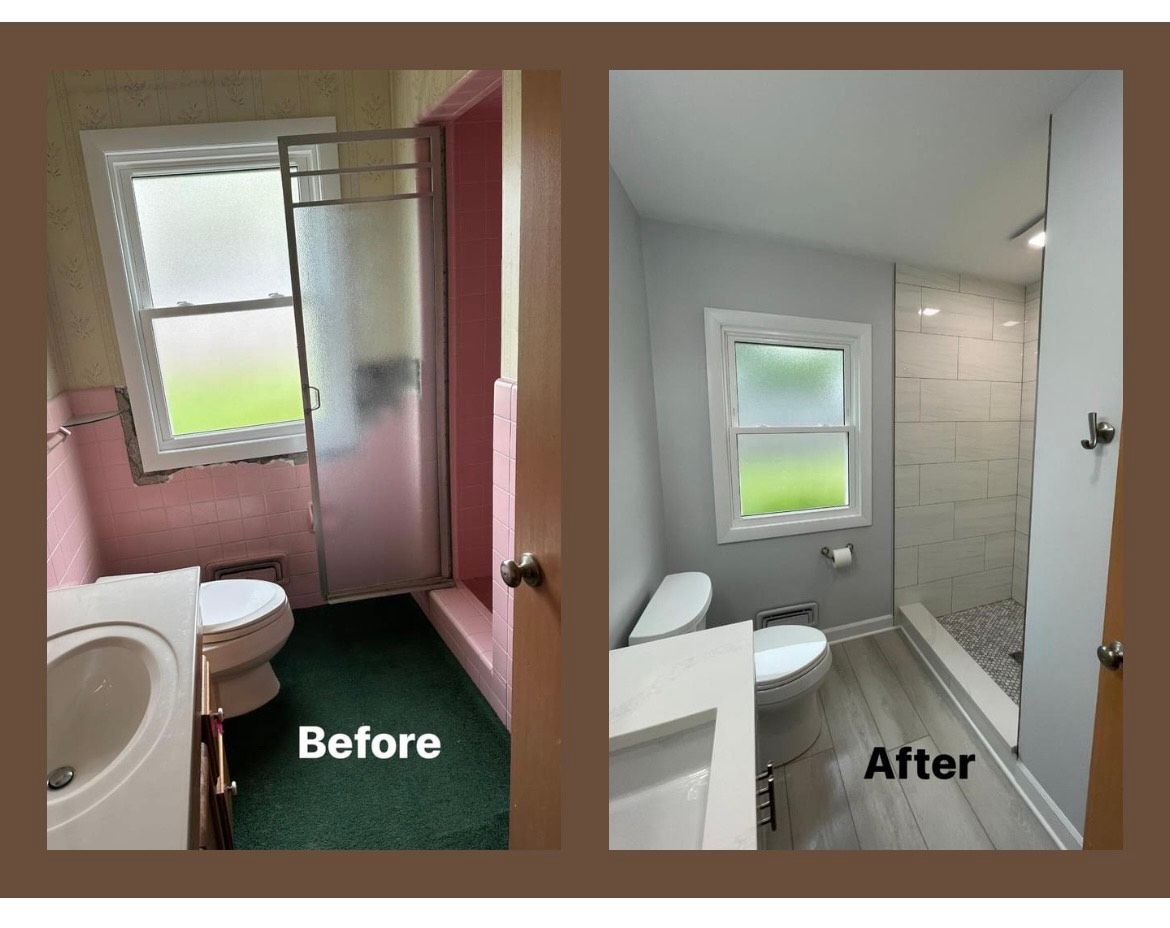 A before and after picture of a bathroom with a toilet and shower