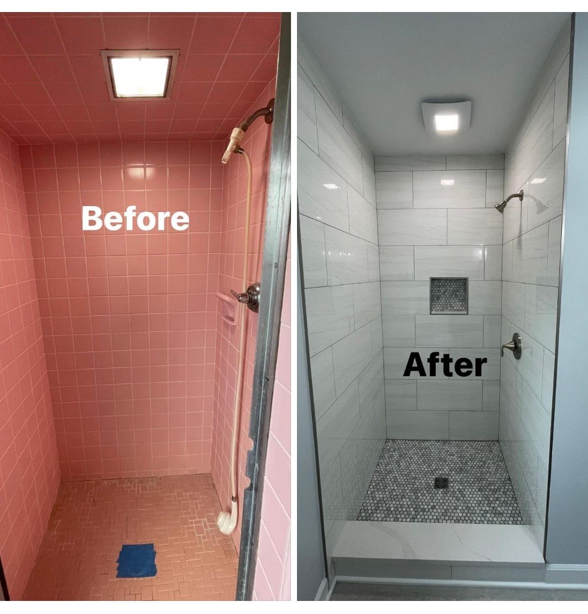 A before and after picture of a shower with pink tiles