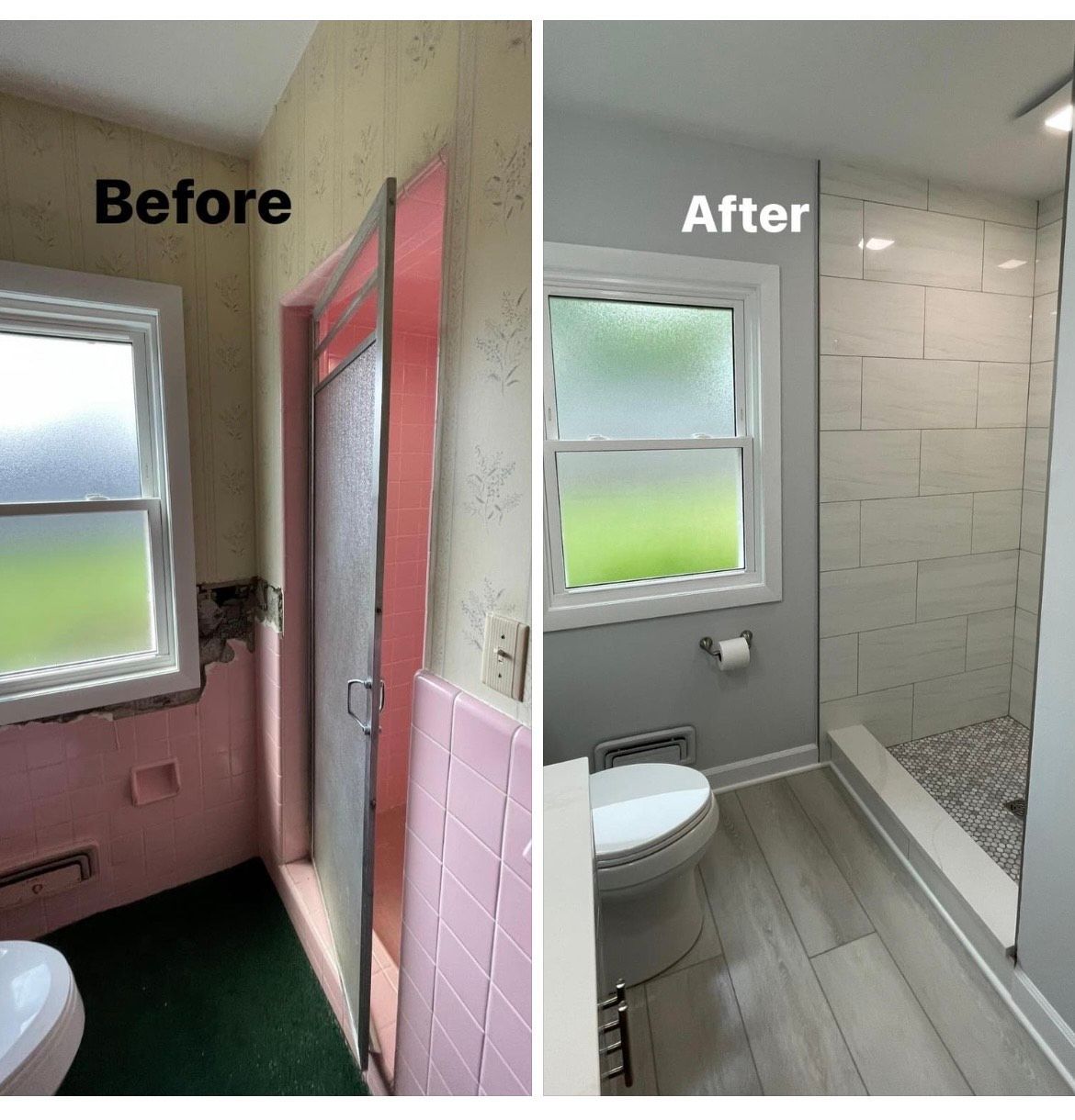 A before and after picture of a bathroom