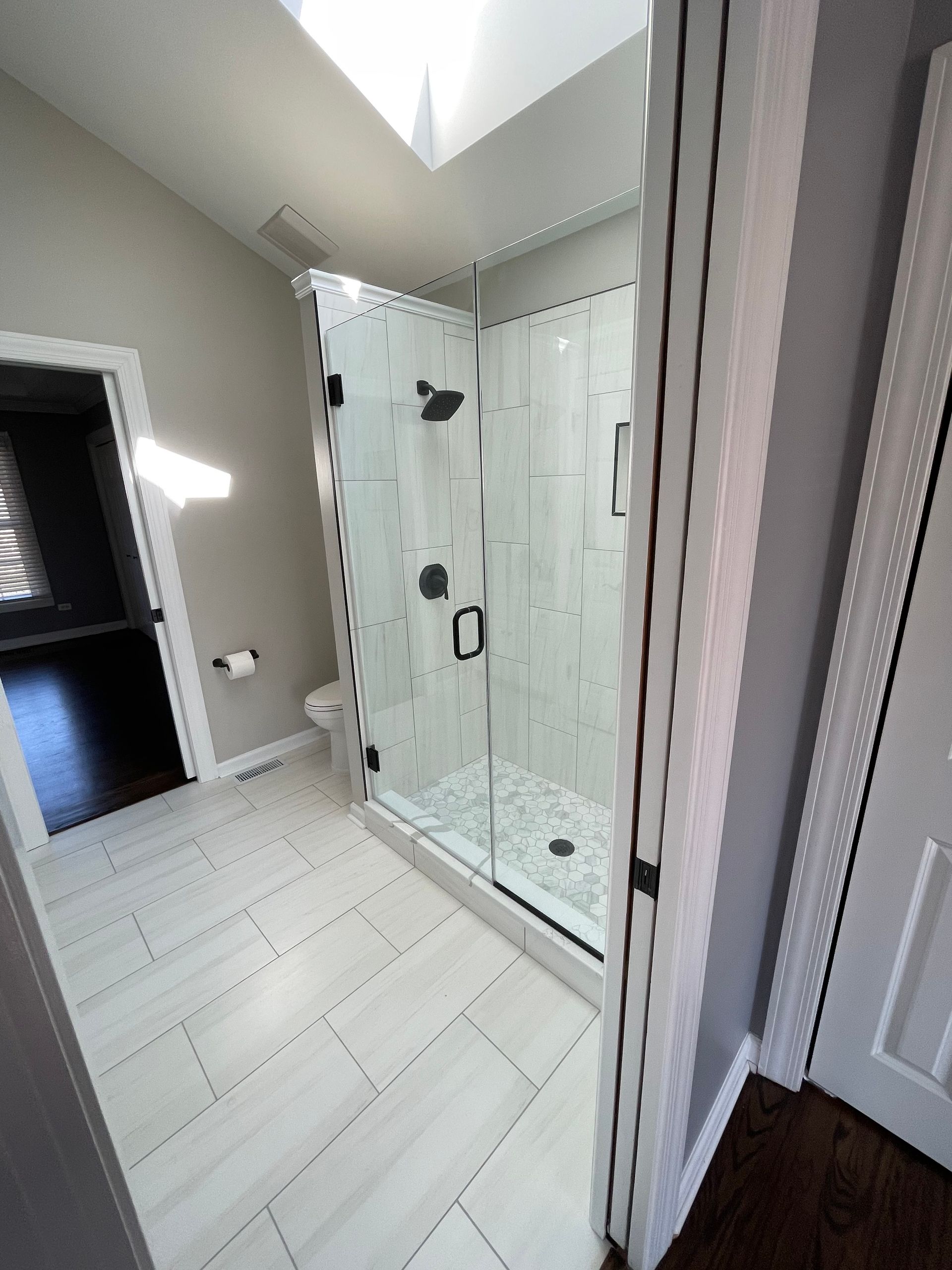 A bathroom with a walk in shower and a skylight.