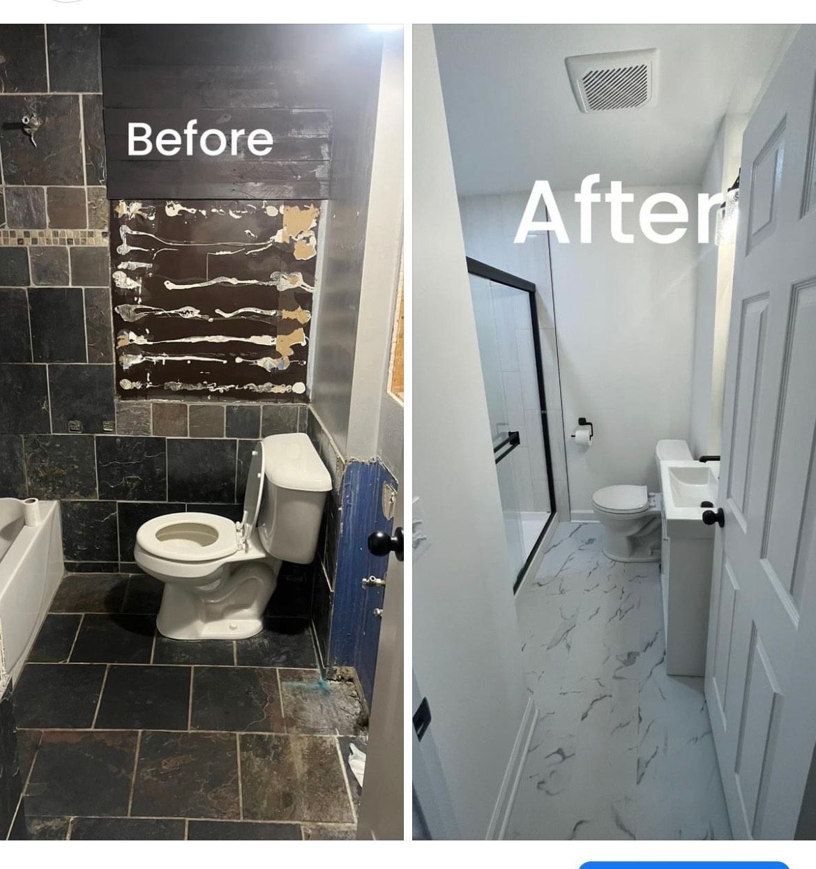A before and after picture of a bathroom with a toilet