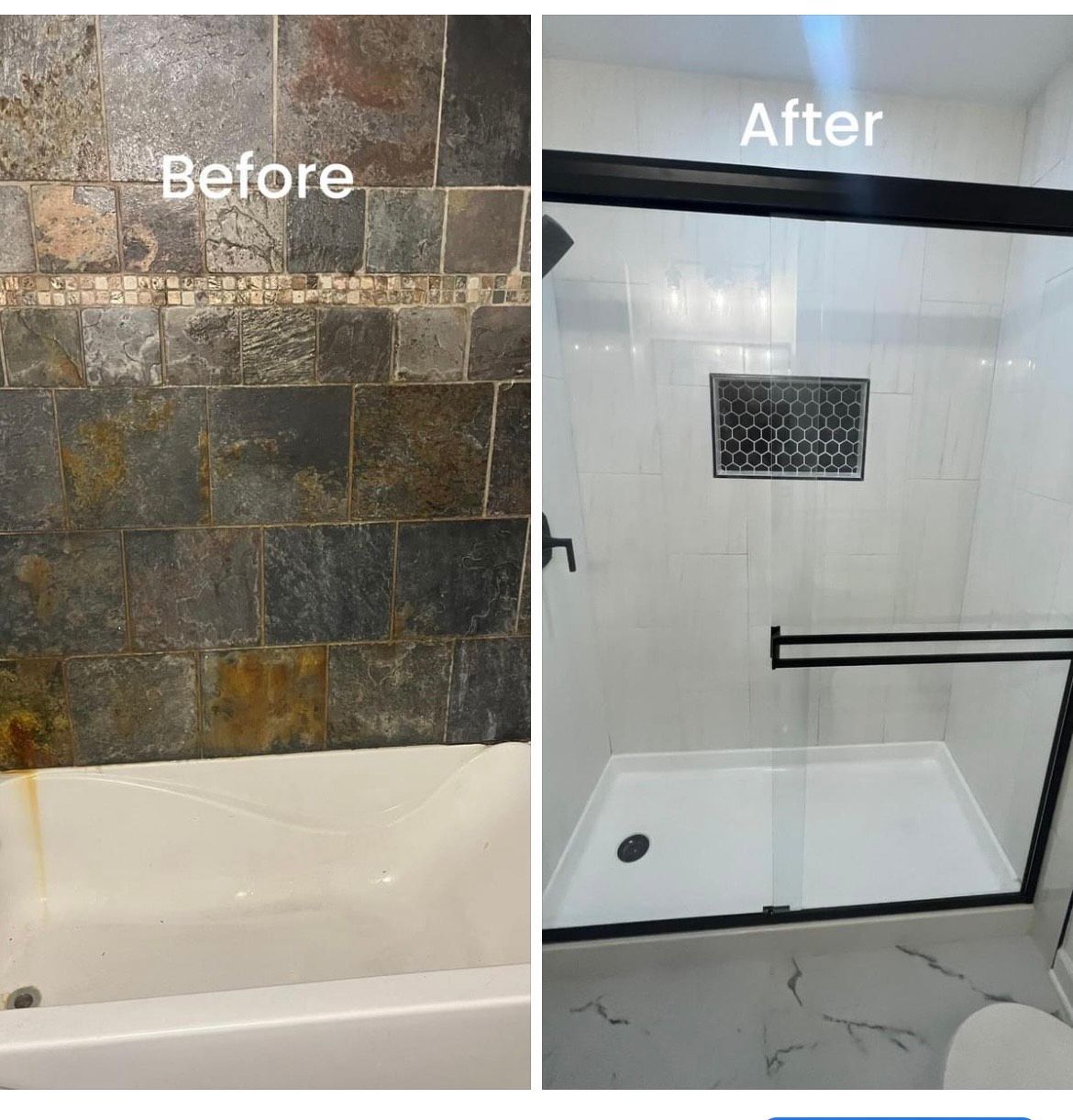 A before and after picture of a bathtub and shower.
