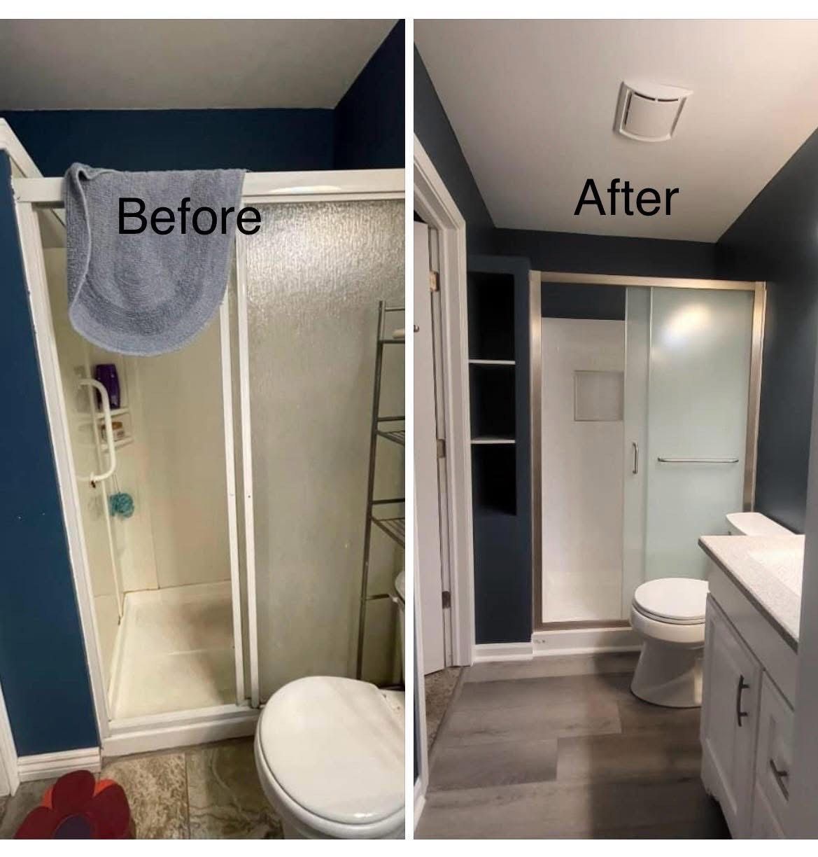 A before and after picture of a bathroom