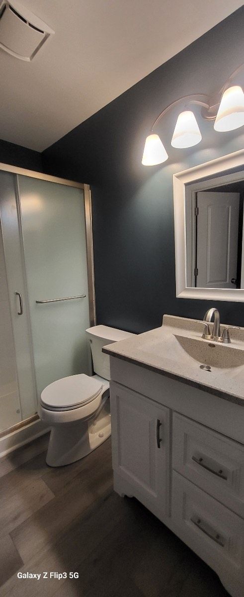 A bathroom with a toilet , sink , mirror and shower.