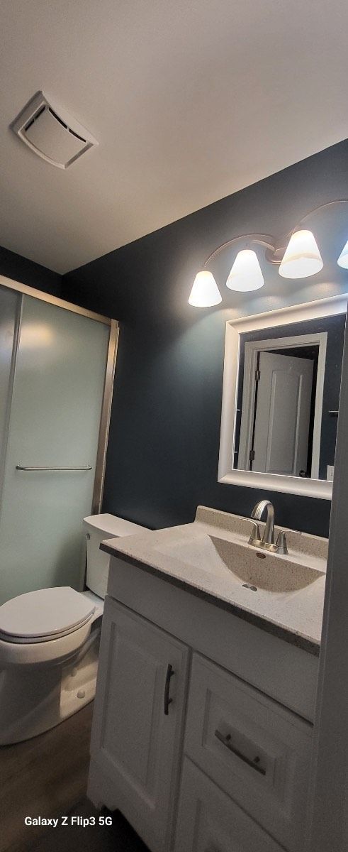 A bathroom with a toilet , sink , mirror and shower.